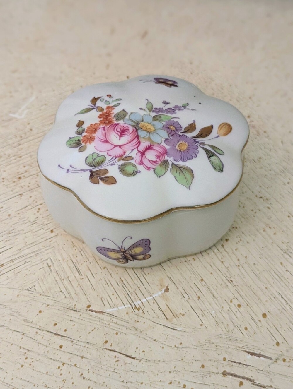 Vintage Floral Porcelain Trinket Box with Butterfly Accent
